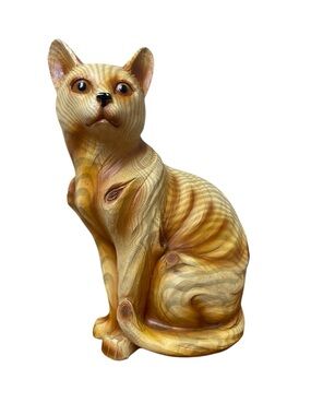 Cat Faux Wood Carving Statue